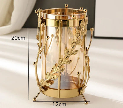 Gold Hollow Coral Vase Transparent Glass Vase Ornament Metal Rack Living Room Hydroponic Flower Arrangement Home Decoration