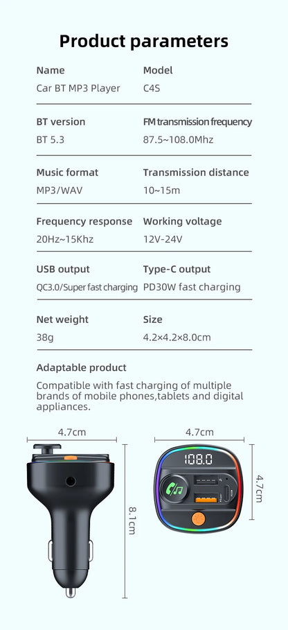 Bluetooth 5.4 FM Transmitter Handsfree Car AUX Radio Modulator MP3 Player with 22.5W & PD30W Fast Charge Adapter Car Accessories