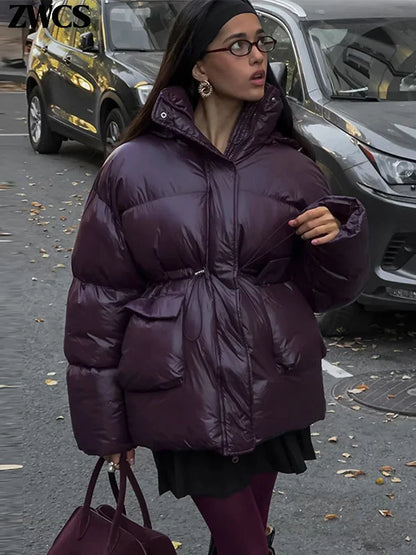 Vintage Zipper Cotton Coat Women Hooded Full Sleeve Pockets Drawstring Overcoats 2025 Winter New Lady Fashion Warm Streetwear