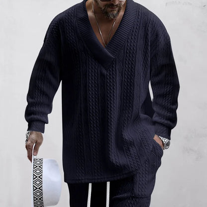 2025 Cross-border New Men's Casual Trousers V-Neck Versatile Jacquard Knitted Sweater Set
