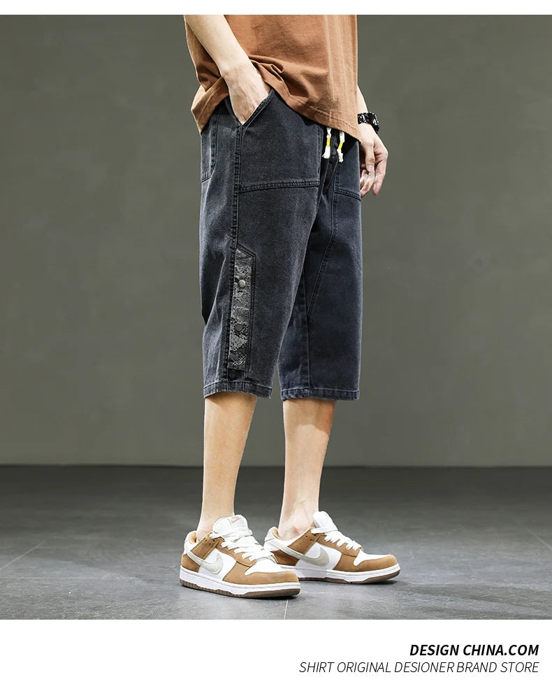 Korean Style Men's Long Shorts 3/4 Length Denim Bermuda Male Big Plus Large Size Jeans Fashion Below Knee Streetwear Loose Baggy