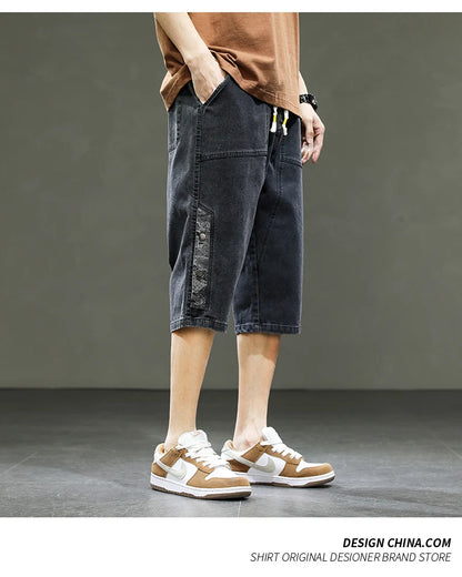 Korean Style Men's Long Shorts 3/4 Length Denim Bermuda Male Big Plus Large Size Jeans Fashion Below Knee Streetwear Loose Baggy
