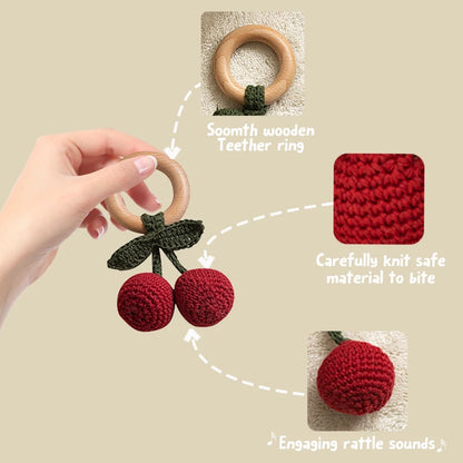 Wooden Baby Teether Cute Fruit Style Handmade Crochet Rattle Toys Newborn Soother Teething Chew Toys for Boys Girls Babies Gifts