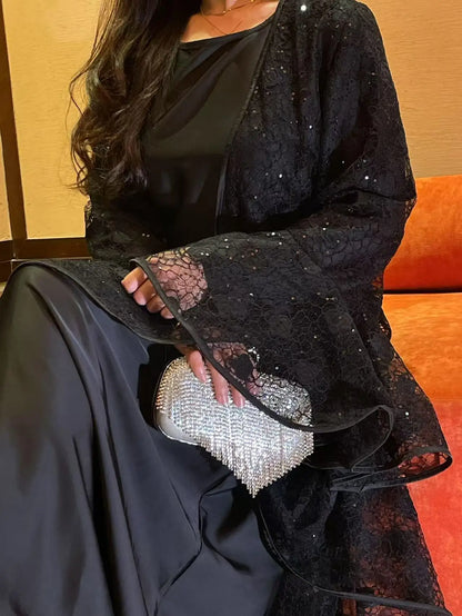 Muslim Women Abaya Dress 2 Piece Set Flare Sleeve Lace Sequin Satin Morocco Caftan Dress Musulman Ensembles Cadigan Outfit Suits