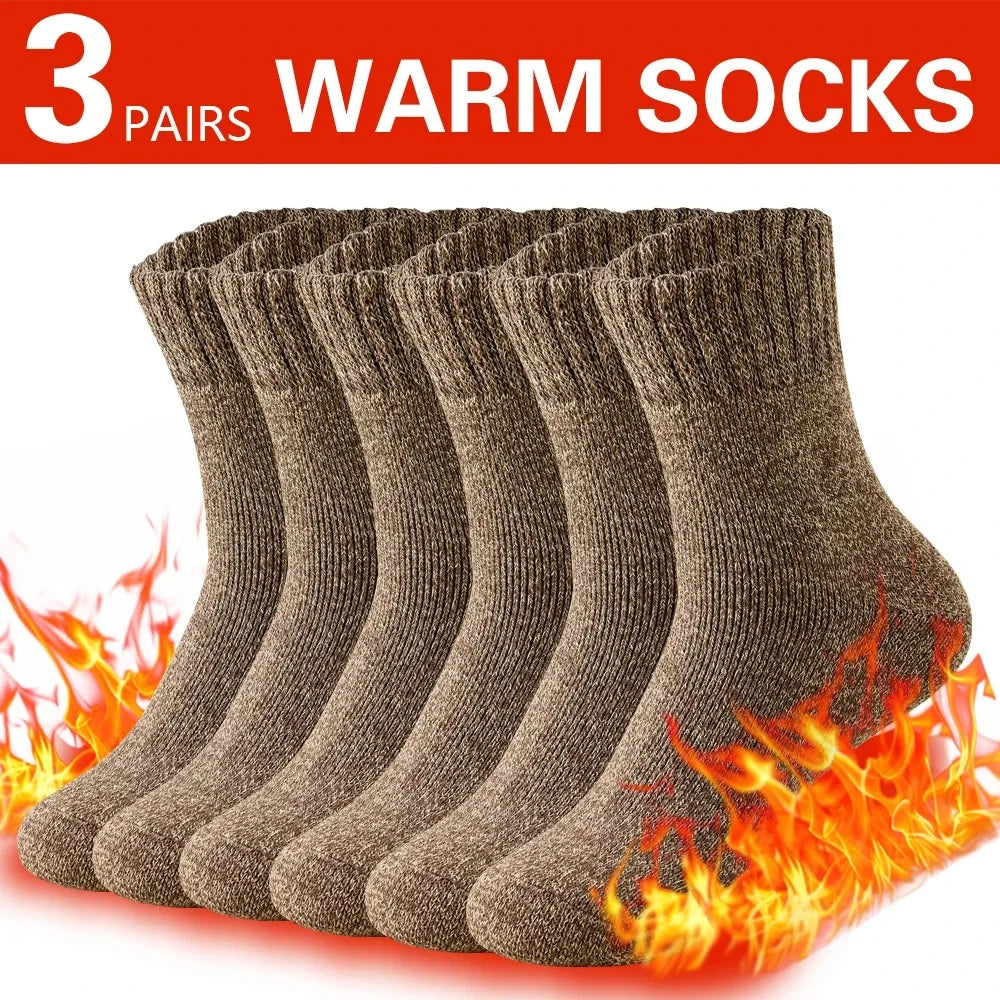 3 Pairs Winter Thick Warm Men’s Wool Socks Outdoor Thermal Cold-Resistant Sports Hiking Snow Socks Gift Size 39-44