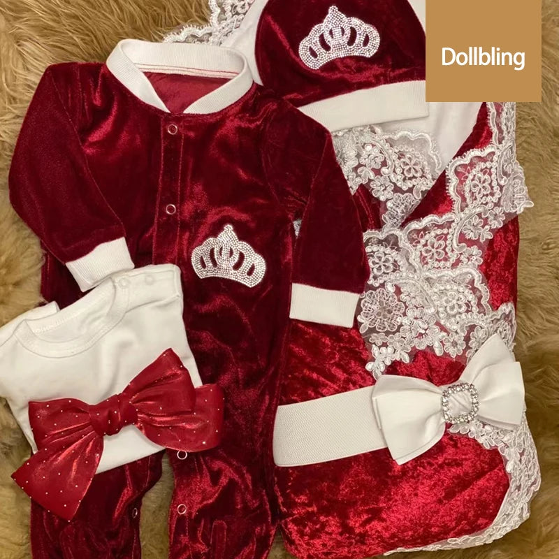 Dollbling Royal Blue Velvet Baby Romper Outfits Set Welcome Home Nursery Infant Nest Luxury Crown Receiving Blanket
