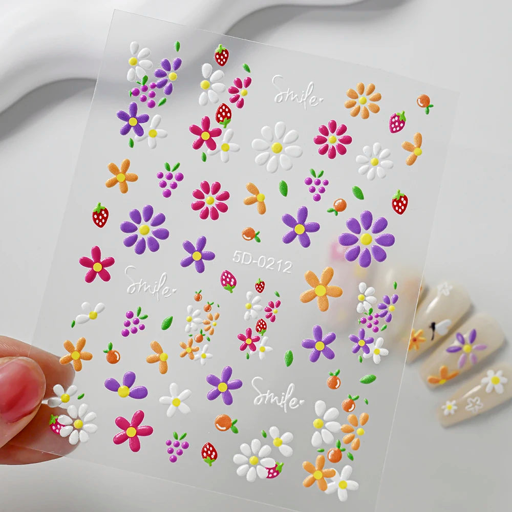 5D Hibiscus Flower Nail Embossed Sticker Acrylic Pink White Gold Petal Leaf Adhesive Decal Butterfly Dragon Floral Elegant Decor
