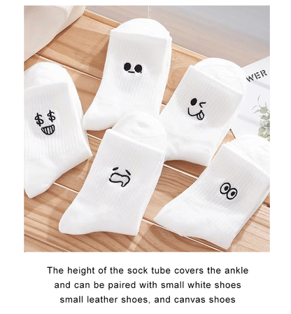 5/10/20 Pairs Men White Cartoon Socks Trendy Versatile Expression Socks With Simple Soft Breathable Comfortable Casual Socks