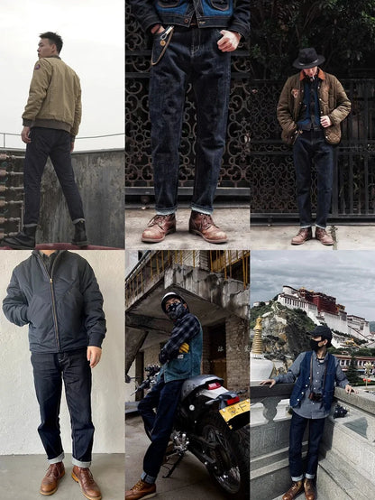 Maden Vintage 14oz Selvedge Raw Denim Jeans Horsehair Leather Patch Straight Fit Jeans Men's Spring and fall Paris Buckle Pants