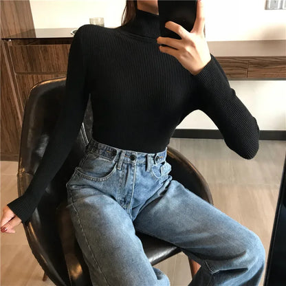 2026 Autumn Winter Sweater Women Knitted Ribbed Pullover Sweater Long Sleeve Turtleneck Slim Jumper Soft Warm Pull Femme
