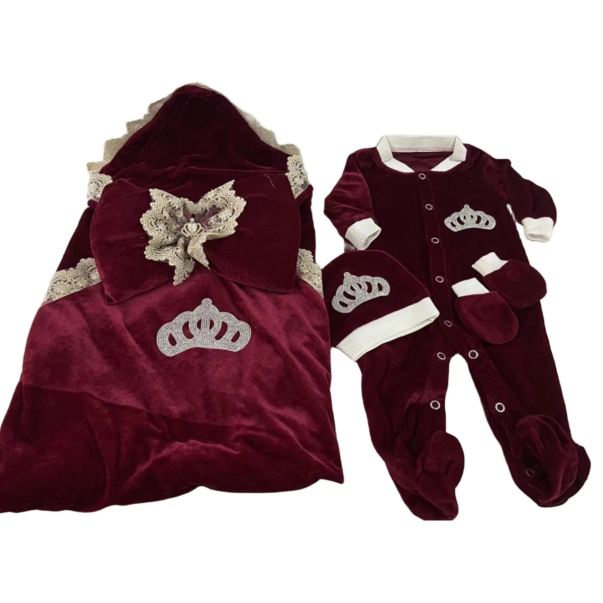 Dollbling Royal Blue Velvet Baby Romper Outfits Set Welcome Home Nursery Infant Nest Luxury Crown Receiving Blanket