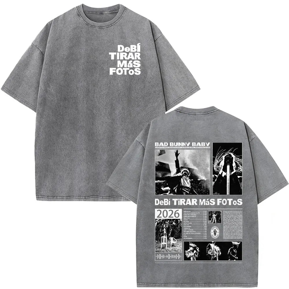 Rapper Bad Bunny Vintage Washed T Shirts Debi Tirar Mas Fotos DTMF T-shirts Men's Clothing Fashion High Quality T-shirt Couples