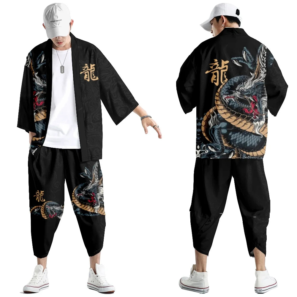 Large Size 5XL 6XL Japanese Kimono Cardigan Pants Set Print Fox Men Women Shirt Tradition Yukata Haori Obi Cosplay Costume