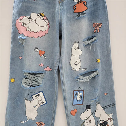 WTHT Fashion Trendy Women's Cartoon Print Hole Straight Jeans 2025 Spring New High Waist Wide Leg Denim Pants Female 1LS1175