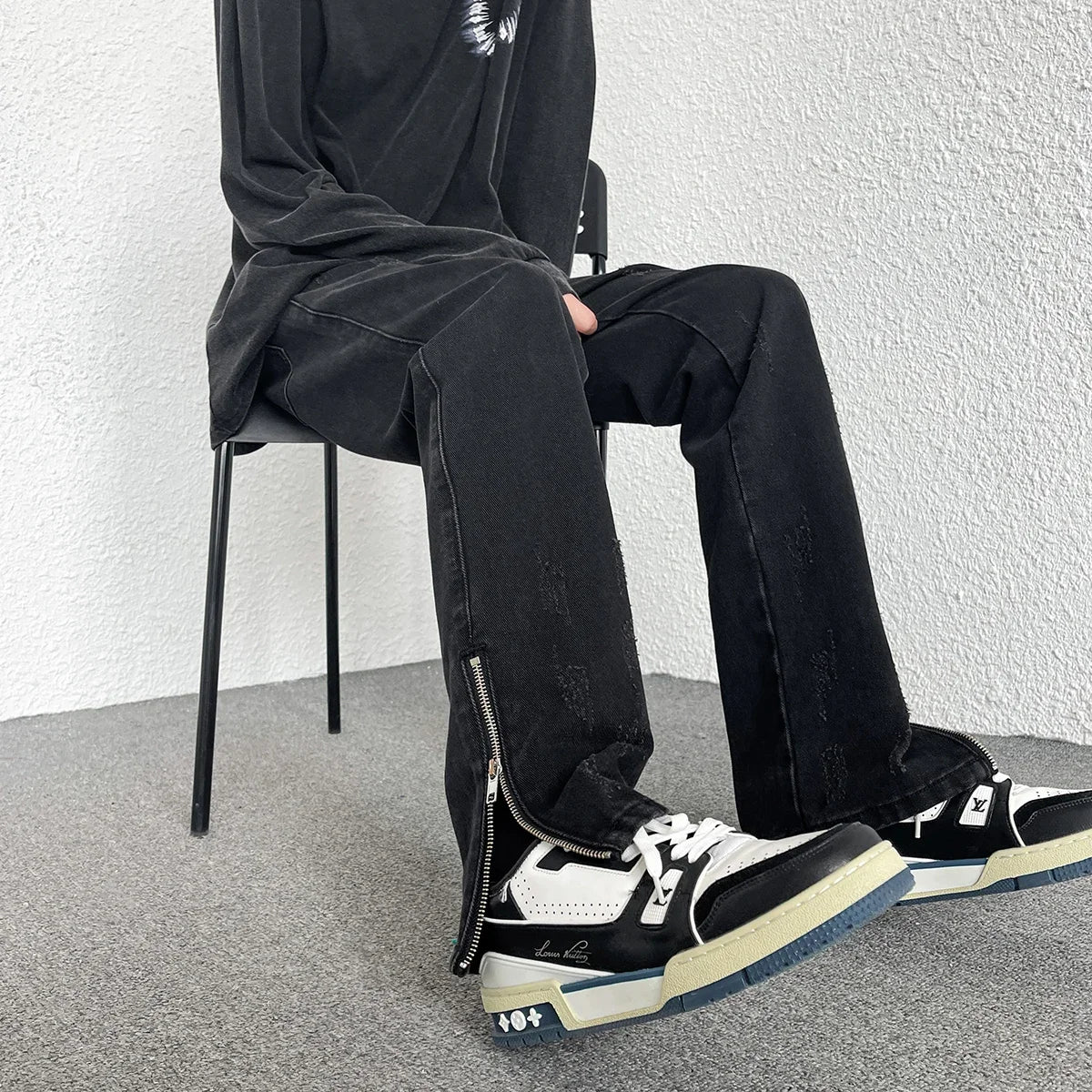 2024 Spring Autumn Korean Men Fashionable Retro Street Jeans Zip Design on Trouser Legs Straight-leg Denim Pants Men's Clothing