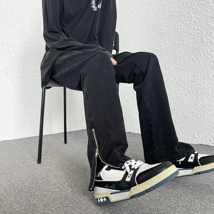 2024 Spring Autumn Korean Men Fashionable Retro Street Jeans Zip Design on Trouser Legs Straight-leg Denim Pants Men's Clothing
