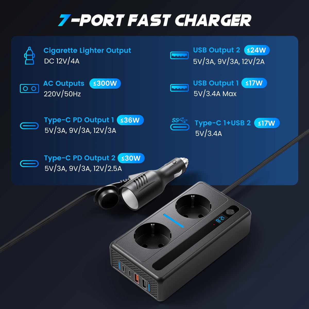 300W Vehicle Inverter, Converting 12V DC to 220V AC, Featuring Two Power Sockets and 2 USB Ports, 2 Type-C PD Ports