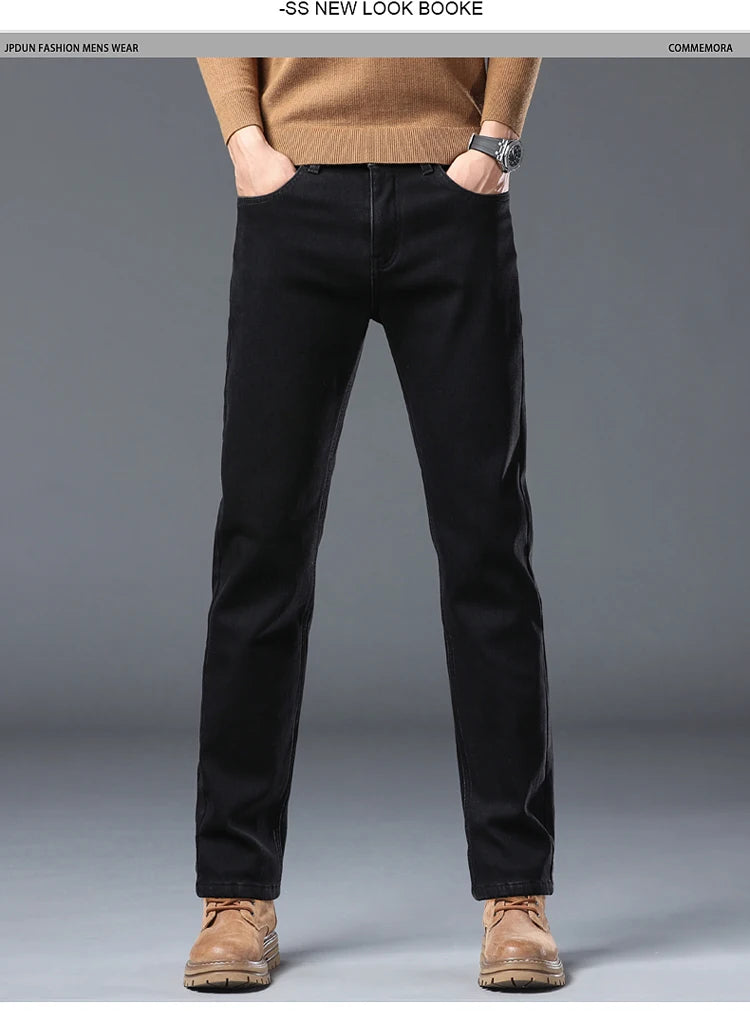 Men's Winter Stretch Fleece Jeans Thickened Warm Loose Straight Velvet Denim Trousers Classic Business Casual Black Work Pants