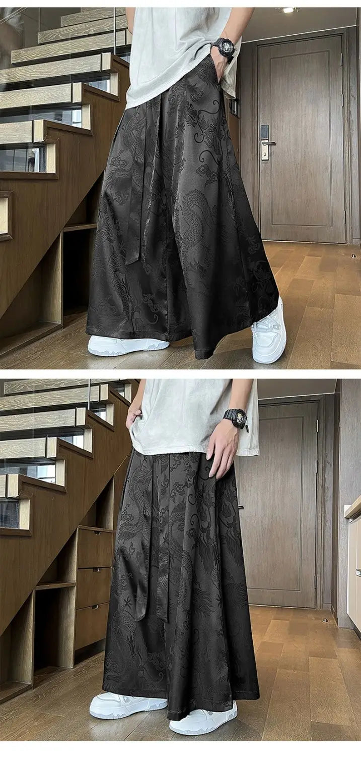 Men's Black Dragon Jacquard Wide-Leg Pants - New Chinese Style Satin Belted Trousers