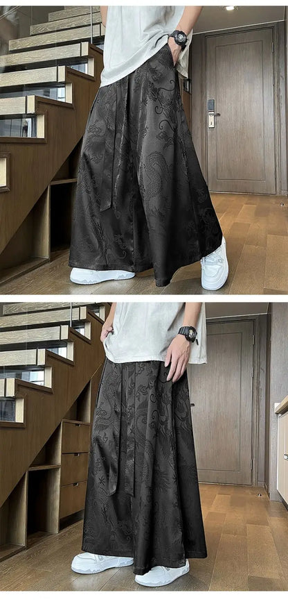 Men's Black Dragon Jacquard Wide-Leg Pants - New Chinese Style Satin Belted Trousers