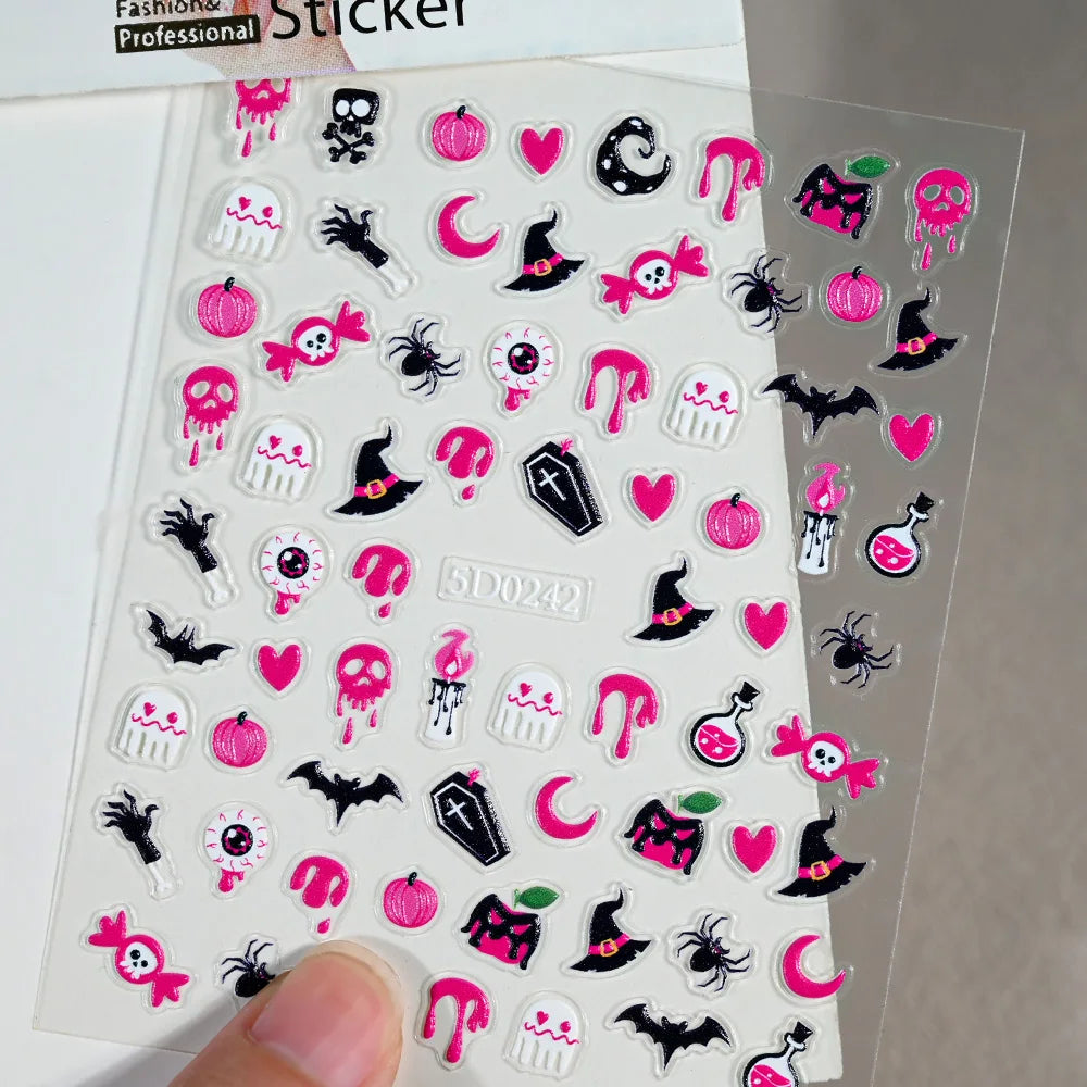 1sheet 5D Halloween Nail Stickers Pink/Green/Black Cartoon Pattern Nail Art Slider DIY For Sweet Cool Girl Cute Nail Decoration