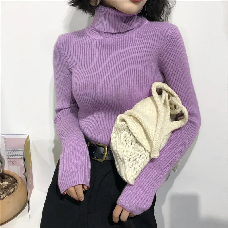 2026 Autumn Winter Sweater Women Knitted Ribbed Pullover Sweater Long Sleeve Turtleneck Slim Jumper Soft Warm Pull Femme