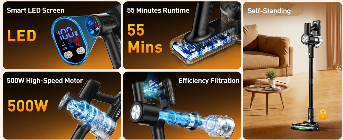 Cordless Vacuum Cleaner, 55Kpa/55Mins Vacuum Cleaners for Home, Anti-tangle Stick Vacuum with Self-Standing, Wall Mount Charging