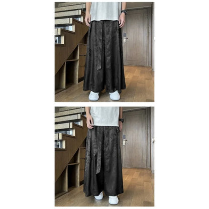 Men's Black Dragon Jacquard Wide-Leg Pants - New Chinese Style Satin Belted Trousers