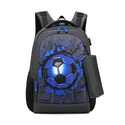 Boys Black Football Backpacks Hard Shell Orthopedic Middle School Student Book Bags USB Charge Multifunctional Bagpack