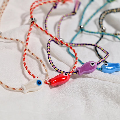 Set of 10Pcs Ceramic Fish Bracelet for Women Handmade Woven Colored Rope Boho Wrap Charm Bracelet Friendship Popular Jewelry