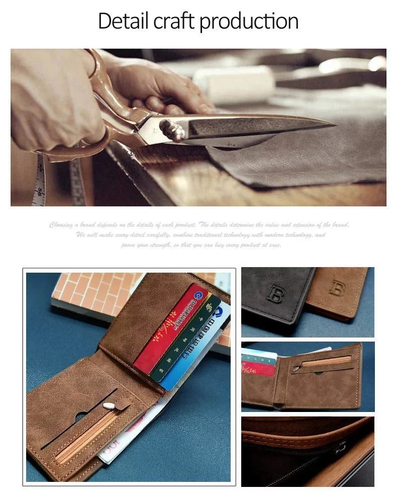 New Retro Men Short Wallet with Zipper Coin Bag Men Leather Wallet Small Money Purse Design Top Men Thin Wallet with Coin Bag
