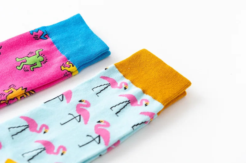 1Pair 35-44 Men Casual Cotton Sock Harajuku Cartoon Flamingo Loving Heart Cute Funny Character Japanese Socks