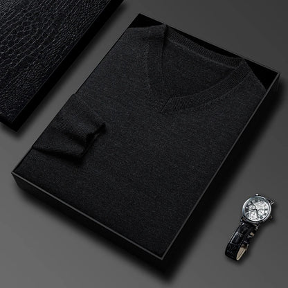 Men's V-Neck Basic Solid Color Sweatshirt Warm Autumn Knitted Oversize Pullover Elastic round Neck Sweater for Casual Wear