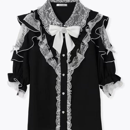 Women Japanese Sweet Lolita Blouses Summer Elegant Bow Off Shoulder JK Shirt Female Gothic Hot Girls Casual Lace Ruffles Tops