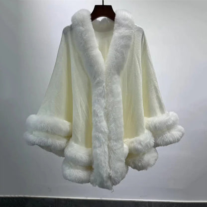 2024 Women 2 Circle Wraps Long Faux Rabbit Fur Cape Poncho Winter Loose Thick Warm Shawl Outerwear Knitted Cloak Overcoat