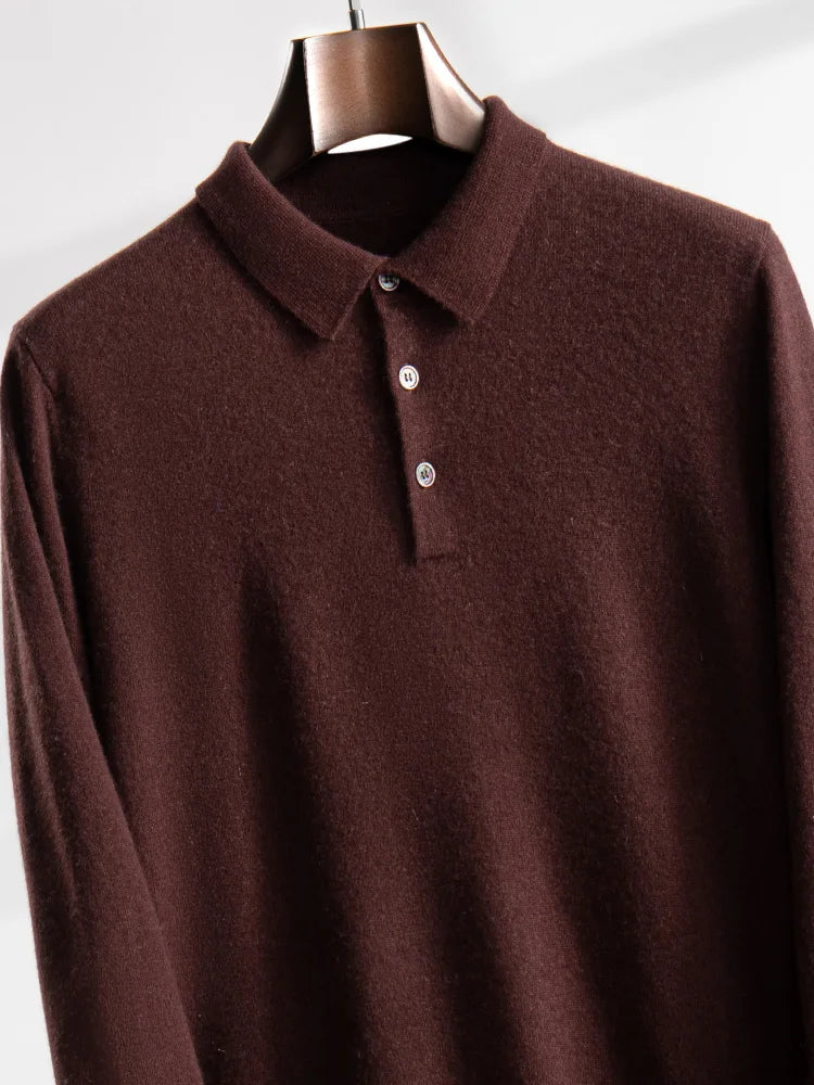 ANGEL 2024 Men's New POLO Shirt 100% Cashmere Knitted Pullover Solid Color Sweater Fall Winter Casual Business Office Jacket