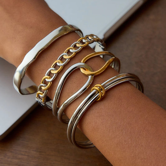 Uworld Minimalist 18K Gold Color Plated Stainless Steel Two tone Geometric Bracelet Stackable Smooth Bracelet Women's Accessorie