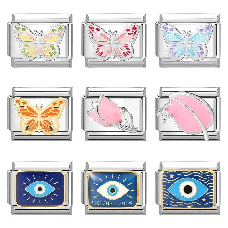 Fashion Drip Glaze Blue Eyes Colorful Butterfly Italian Charm Links Fit 9mm Stainless Steel Bracelet Jewelry DIY Making Beads