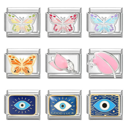 Fashion Drip Glaze Blue Eyes Colorful Butterfly Italian Charm Links Fit 9mm Stainless Steel Bracelet Jewelry DIY Making Beads