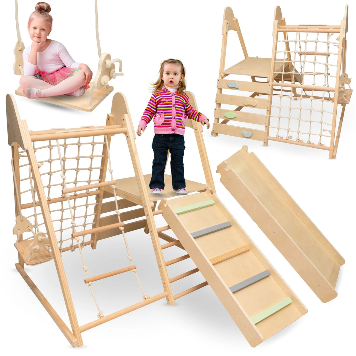 Mamabrum Large Wooden Play Square 5in 1 XXL Climbing Set With Slide Swing for Kids Montessori Motoryka 3 +
