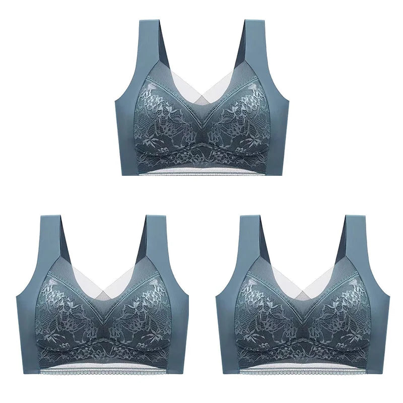 3Pcs Women Lace Bra Perspective Push Up Ice Silk Deep V Bralette Bra Sexy Lingerie Tops Plus Size Cup Mom's underwear L-5XL