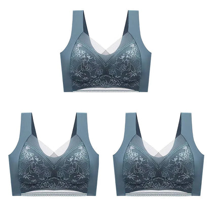 3Pcs Women Lace Bra Perspective Push Up Ice Silk Deep V Bralette Bra Sexy Lingerie Tops Plus Size Cup Mom's underwear L-5XL
