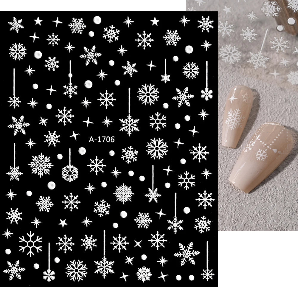 1sheet 3D White Snowflakes Nail Stickers for Christmas Winter Snow Flower Self-adhesive Nail Art Decals DIY Manicure Decorations