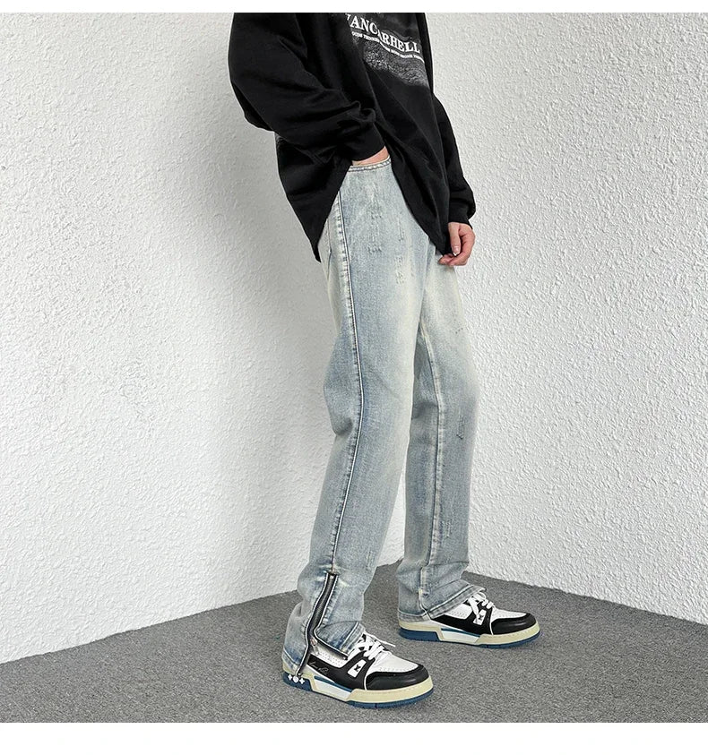 2024 Spring Autumn Korean Men Fashionable Retro Street Jeans Zip Design on Trouser Legs Straight-leg Denim Pants Men's Clothing