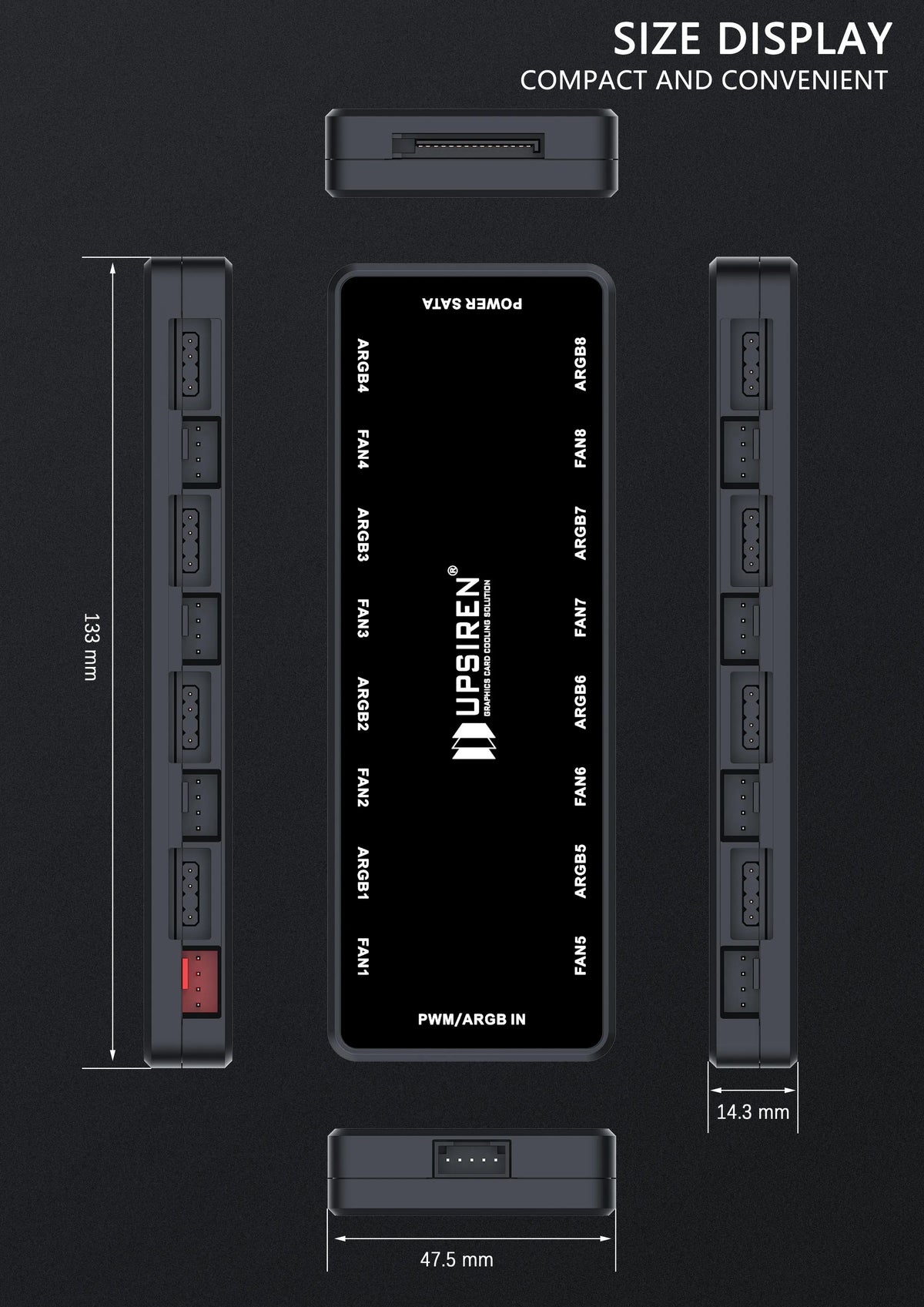 UPSIREN HU-8 Chassis Fan Hub，8 Sets of ARGB and PWM Interfaces,Bottom magnetic design，Support motherboard synchronization