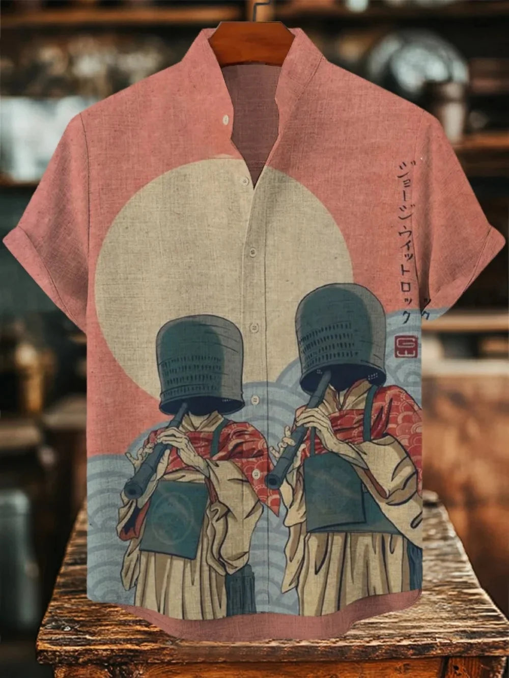 Men's Japanese Retro Art Black Cat Print Shirt Short Sleeve Stand Up Collar Single Breasted Casual Linen Top for Vacation