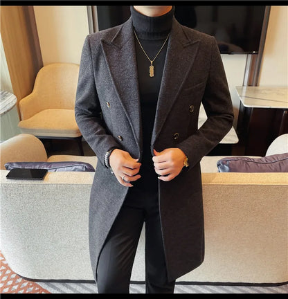 Autumn Winter Vintage Men's Woolen Long Coat Fashion Lapel High Quality Double Breasted Formal Men Slim Fit WindBreaker Overcoat