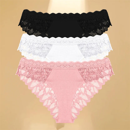FINETOO 3Pcs Lace Hollow Out Underwear for Women Sexy Low-Waist Floral Briefs Female Invisible Breathable Lingerie Soft Intimate