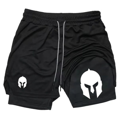 Men's Spartan Helmet Print Double Layer Gym Shorts, 2-in-1 Athletic Workout Running Casual Streetwear Short Pants WX099