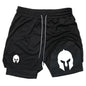 Men's Spartan Helmet Print Double Layer Gym Shorts, 2-in-1 Athletic Workout Running Casual Streetwear Short Pants WX099